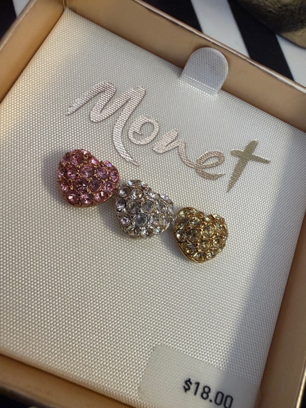 Monet Three Heart Crystal Pin- Pink, Silver, Gold - Picture 2 of 6